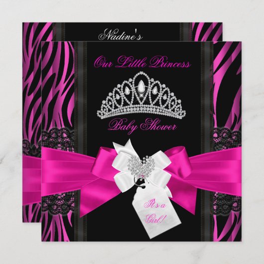 Invitation Zebra Hot rose princesse Baby shower fille noir 2 (Devant / Derrière)