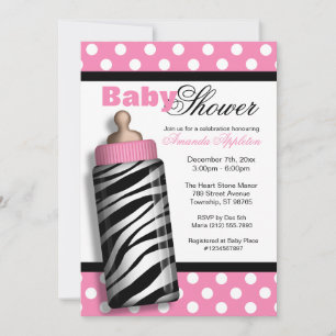 Invitation Zebra Imprimer Bouteille bébé Baby shower rose