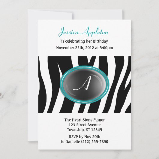 Invitation Zebra Imprimer Turquoise verre Monogramme Annivers (Devant)