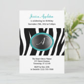 Invitation Zebra Imprimer Turquoise verre Monogramme Annivers (Debout devant)