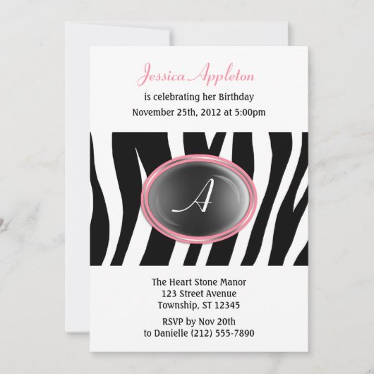 Invitation Zebra Imprimer verre rose Monogramme Anniversaire (Devant)