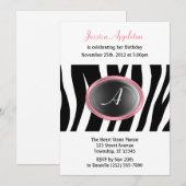 Invitation Zebra Imprimer verre rose Monogramme Anniversaire (Devant / Derrière)