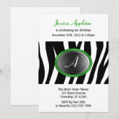 Invitation Zebra Imprimer Verte Monogramme de verre Anniversa (Devant / Derrière)