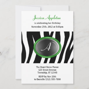 Invitation Zebra Imprimer Verte Monogramme de verre Anniversa