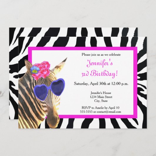 Invitation Zebra juna animal mode glamour joyeux anniversaire (Devant / Derrière)