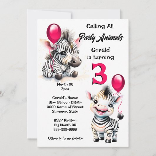 Invitation Zebra jungle safari thème rose noir rayures enfant (Devant)