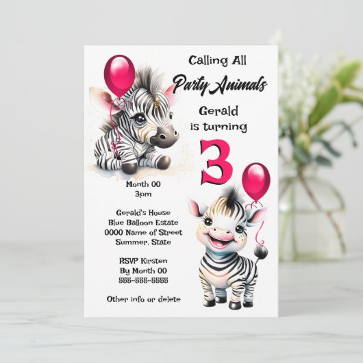 Invitation Zebra jungle safari thème rose noir rayures enfant (Debout devant)