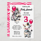 Invitation Zebra jungle safari thème rose noir rayures enfant (Devant / Derrière)