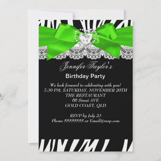 Invitation Zebra Lime Green Parties scintillant haute chaussu (Dos)