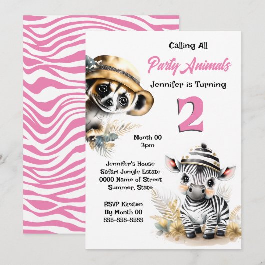 Invitation Zebra meerkat jungle safari animaux sauvages fille (Devant / Derrière)