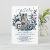 Invitation Zebra Oh Baby Baby shower floral bleu (Debout devant)