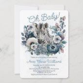 Invitation Zebra Oh Baby Baby shower floral bleu (Devant)