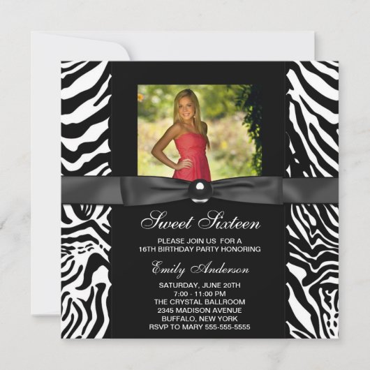 Invitation Zebra Photo Sweet 16 Party (Devant)