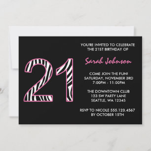 Invitation Zebra Pink et Black 21e anniversaire