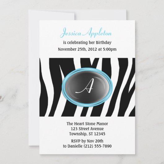 Invitation Zebra Print Aqua Blue Glass Monogramme Anniversair (Devant)