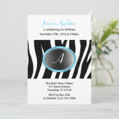 Invitation Zebra Print Aqua Blue Glass Monogramme Anniversair (Debout devant)