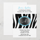 Invitation Zebra Print Aqua Blue Glass Monogramme Anniversair (Devant / Derrière)