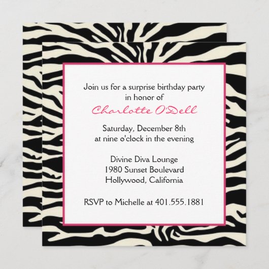 Invitation Zebra Print Birthday (Devant / Derrière)