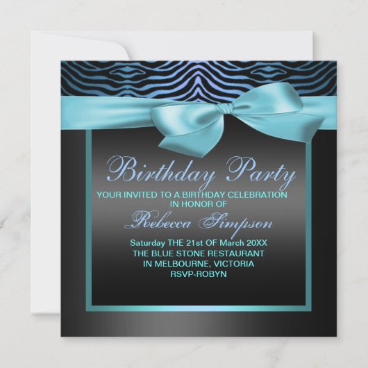 Invitation Zebra Print Blue & Black Party Anniversaire Invita (Devant)