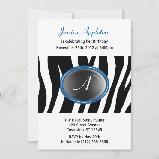 Invitation Zebra Print Blue Glass Monogramme Anniversaire (Devant)