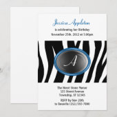 Invitation Zebra Print Blue Glass Monogramme Anniversaire (Devant / Derrière)