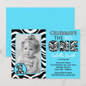 Invitation Zebra Print Blue Premier Anniversaire (Devant / Derrière)
