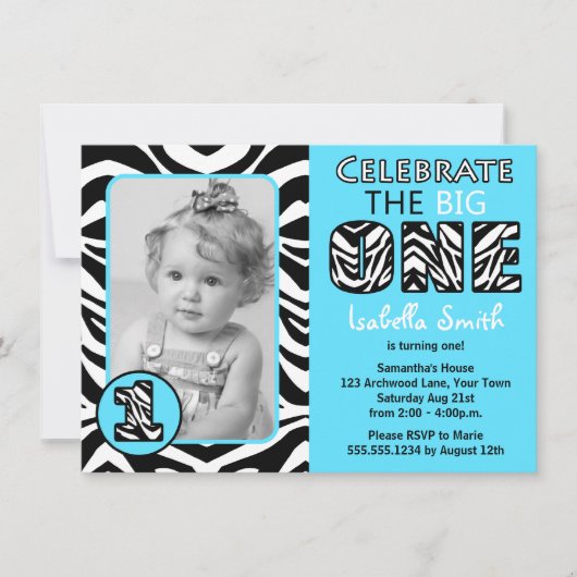 Invitation Zebra Print Blue Premier Anniversaire (Devant)
