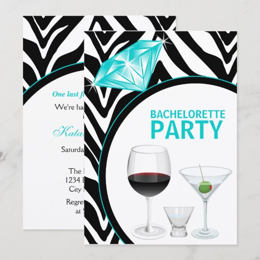 Invitation Zebra Print & Diamond Bachelorette Party (Devant / Derrière)