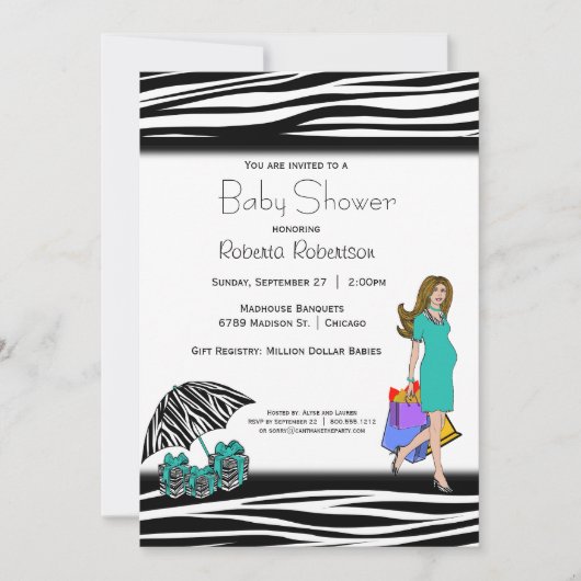 Invitation Zebra Print Et Turquoise Shopping Maman (Devant)