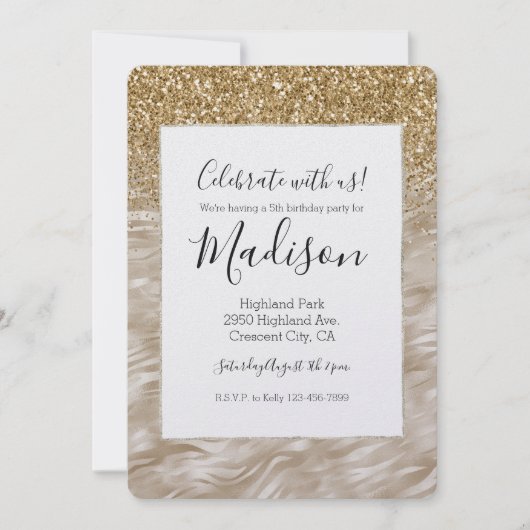 Invitation Zebra Print Faux Gold Parties scintillant (Devant)