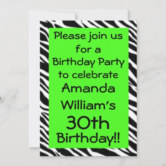 Invitation Zebra Print Lime Green Anniversaire Fête Invitatio (Devant)