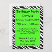 Invitation Zebra Print Lime Green Anniversaire Fête Invitatio (Dos)