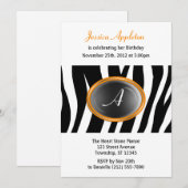 Invitation Zebra Print Orange Glass Monogramme Anniversaire (Devant / Derrière)