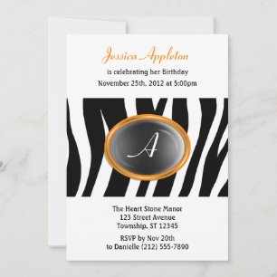 Invitation Zebra Print Orange Glass Monogramme Anniversaire