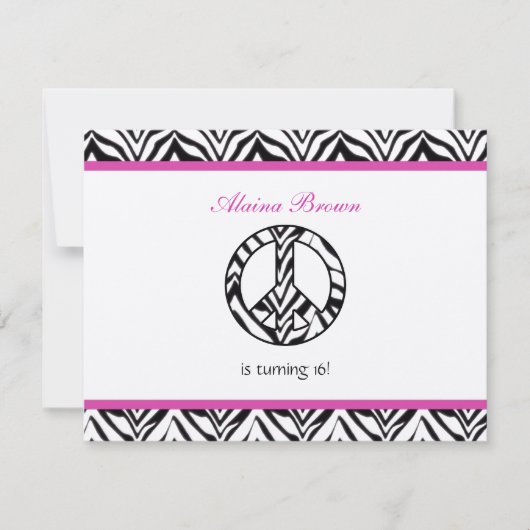 Invitation Zebra Print Peace Sign Anniversaire Fête Invitatio (Devant)