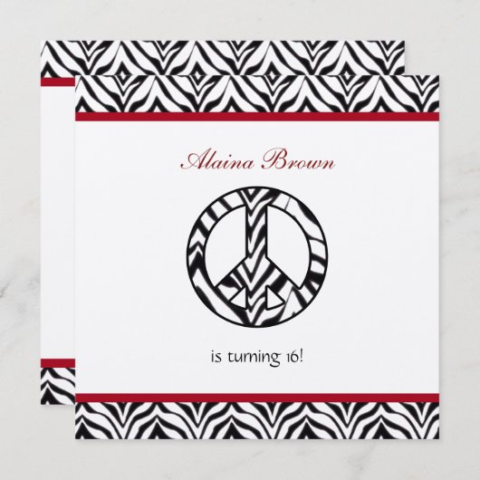 Invitation Zebra Print Peace Sign Anniversaire Fête Invitatio (Devant / Derrière)
