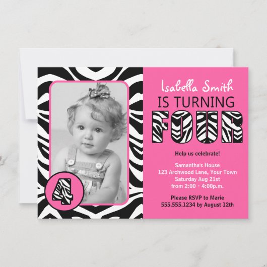 Invitation Zebra Print Pink Girls Forth Birthday (Devant)
