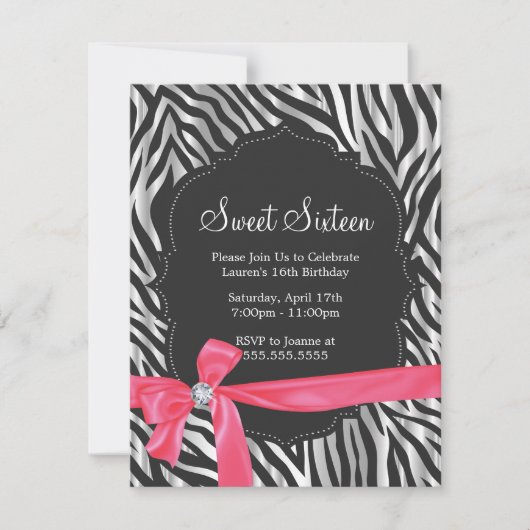 Invitation Zebra Print Pink Ribbon & Diamond (Devant)