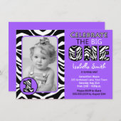 Invitation Zebra Print Purple Girls Premier Anniversaire (Devant / Derrière)