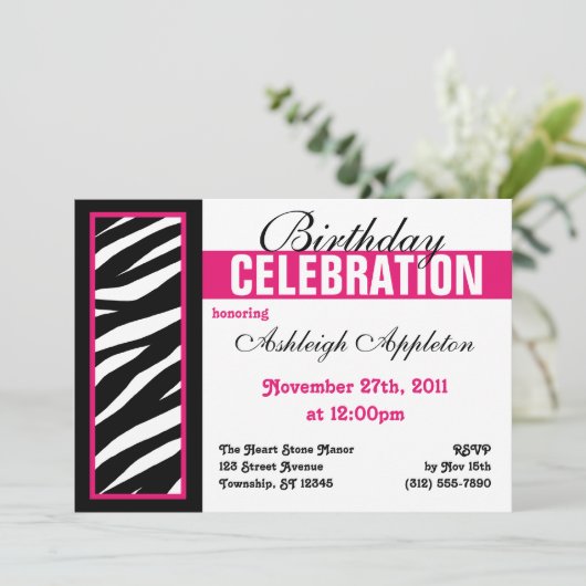 Invitation Zebra Print Side Fuchsia Anniversaire Fête Invitat (Debout devant)