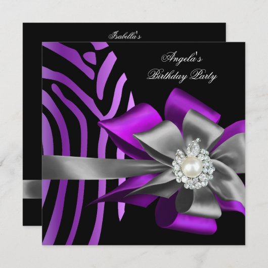 Invitation Zebra Purple Black Argent Bow Pearl Anniversaire 2 (Devant / Derrière)