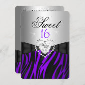 Invitation Zebra Purple Silver Sweet 16 Seize anniversaire (Devant / Derrière)