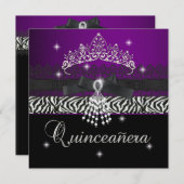 Invitation Zebra Quinceanera 15e anniversaire fête violet noi (Devant / Derrière)