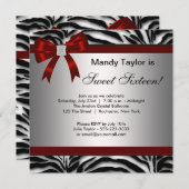 Invitation Zebra Red Bow Sweet sixteen fantaisie (Devant / Derrière)