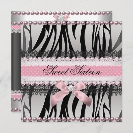 Invitation Zebra rose Bow rose Zebra Sweet 16 Anniversaire (Devant / Derrière)