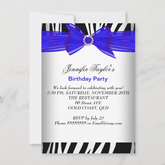 Invitation Zebra Royal Bleu Haut talon Noir fête d'anniversai (Dos)