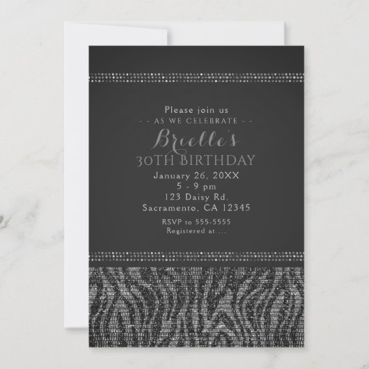 Invitation Zebra Sparkle Silver & Black Glam Party (Devant)