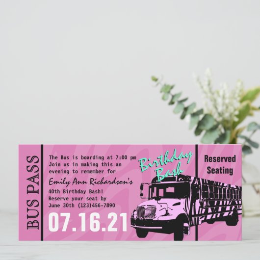 Invitation Zebra Stripe Bus Pass Fête d'anniversaire (Debout devant)