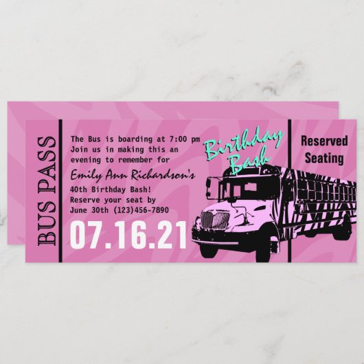 Invitation Zebra Stripe Bus Pass Fête d'anniversaire (Devant / Derrière)