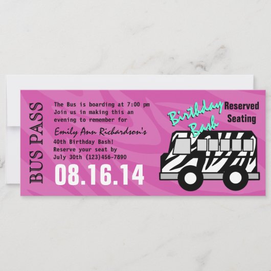 Invitation Zebra Stripe Bus Pass Fête d'anniversaire (Devant)